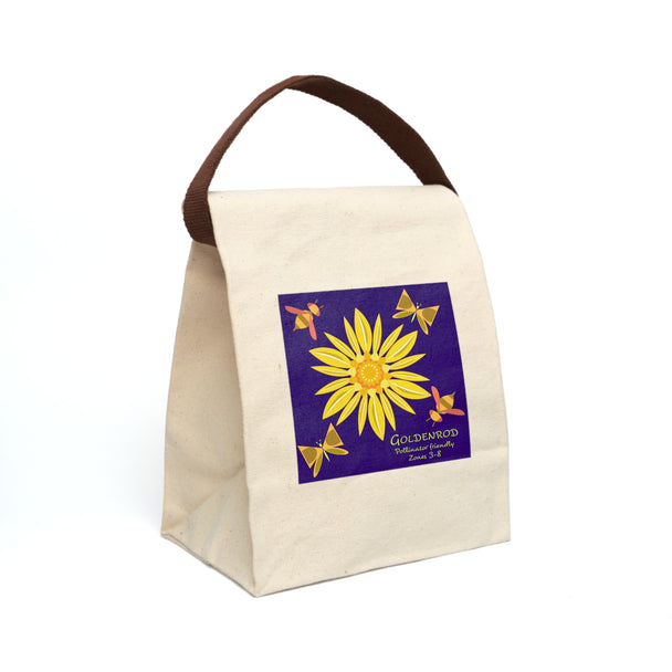 image of canvas lunch bag with illustration of large stylized yellow goldenrod flower and a bee and butterflies