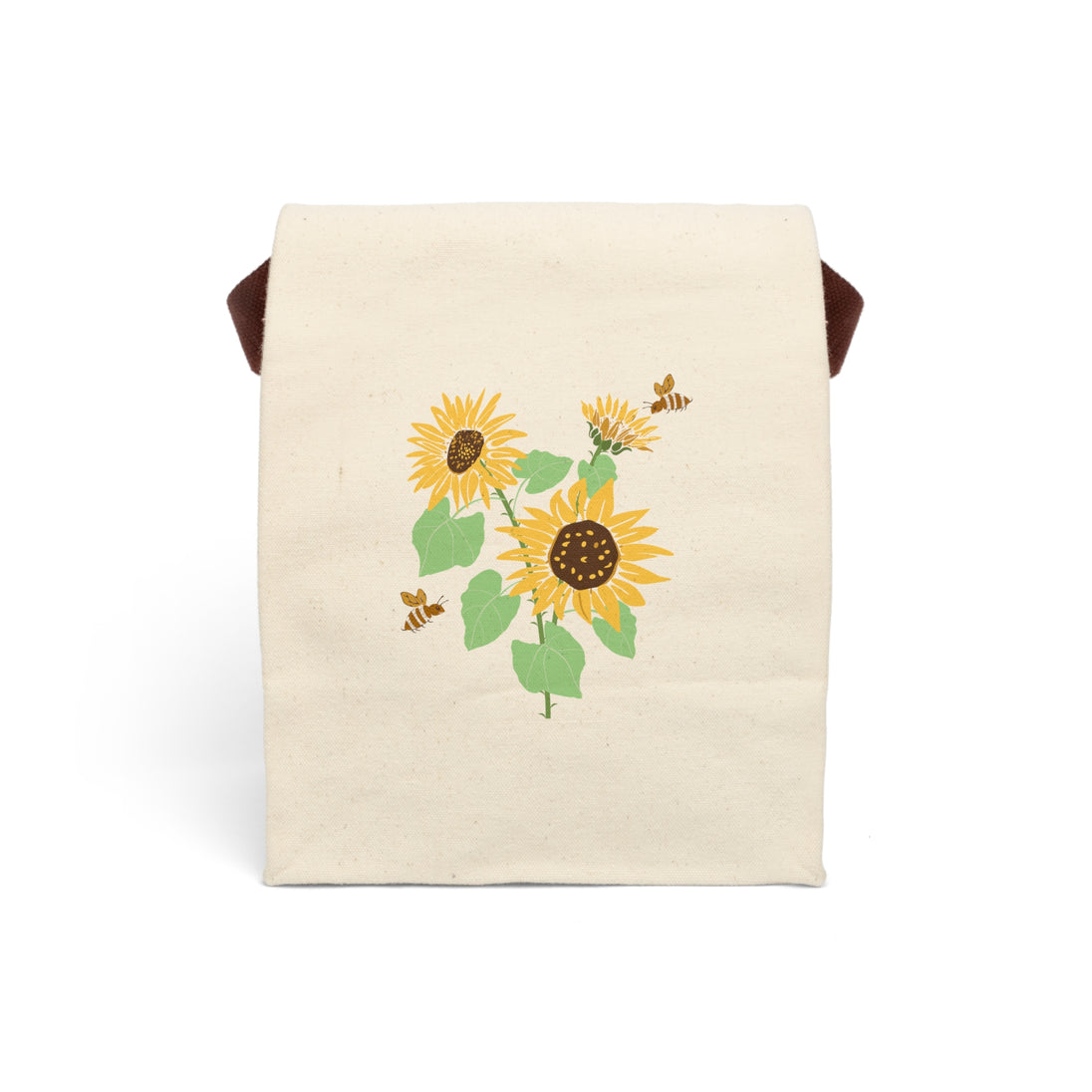 Beige lunch bag with sunflower and bees illustration 