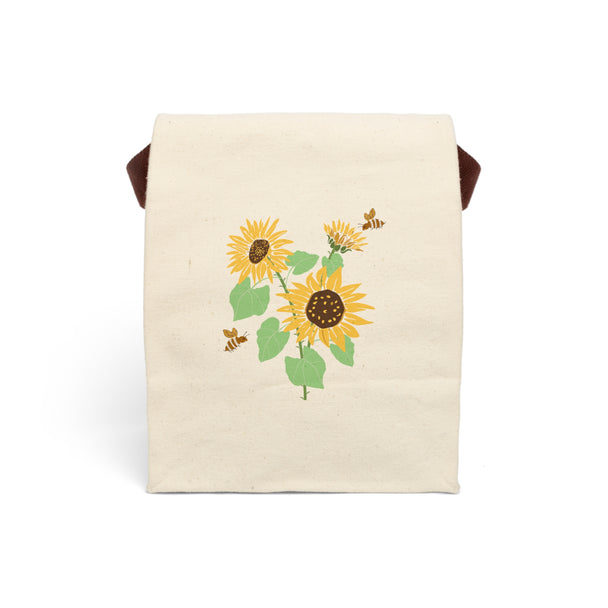 Beige lunch bag with sunflower and bees illustration 