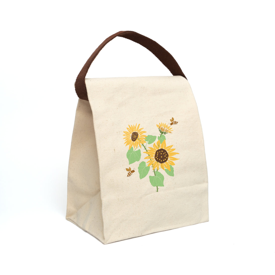 Beige lunch bag with sunflower and bees illustration 