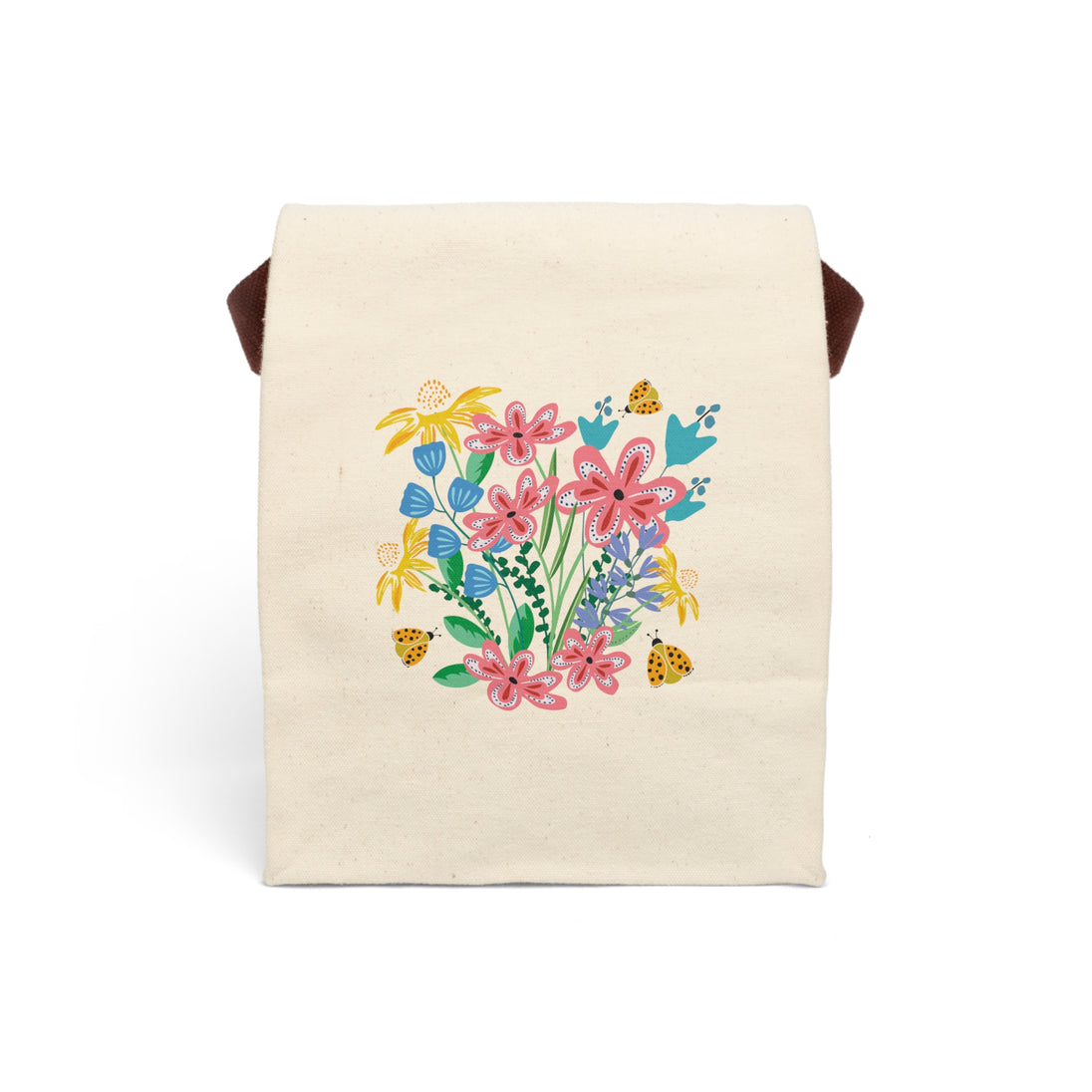 Beige lunch bag with colorful floral design of flowers and ladybugs
