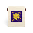 image of canvas lunch bag with illustration of large stylized yellow goldenrod flower and a bee and butterflies