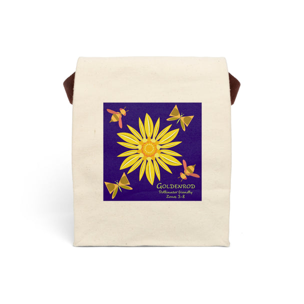 image of canvas lunch bag with illustration of large stylized yellow goldenrod flower and a bee and butterflies