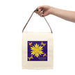 image of canvas lunch bag with illustration of large stylized yellow goldenrod flower and a bee and butterflies