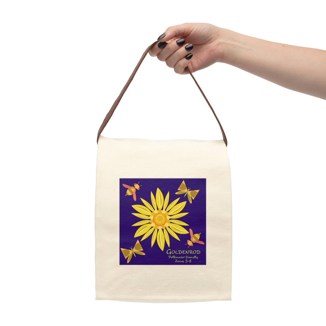 image of canvas lunch bag with illustration of large stylized yellow goldenrod flower and a bee and butterflies