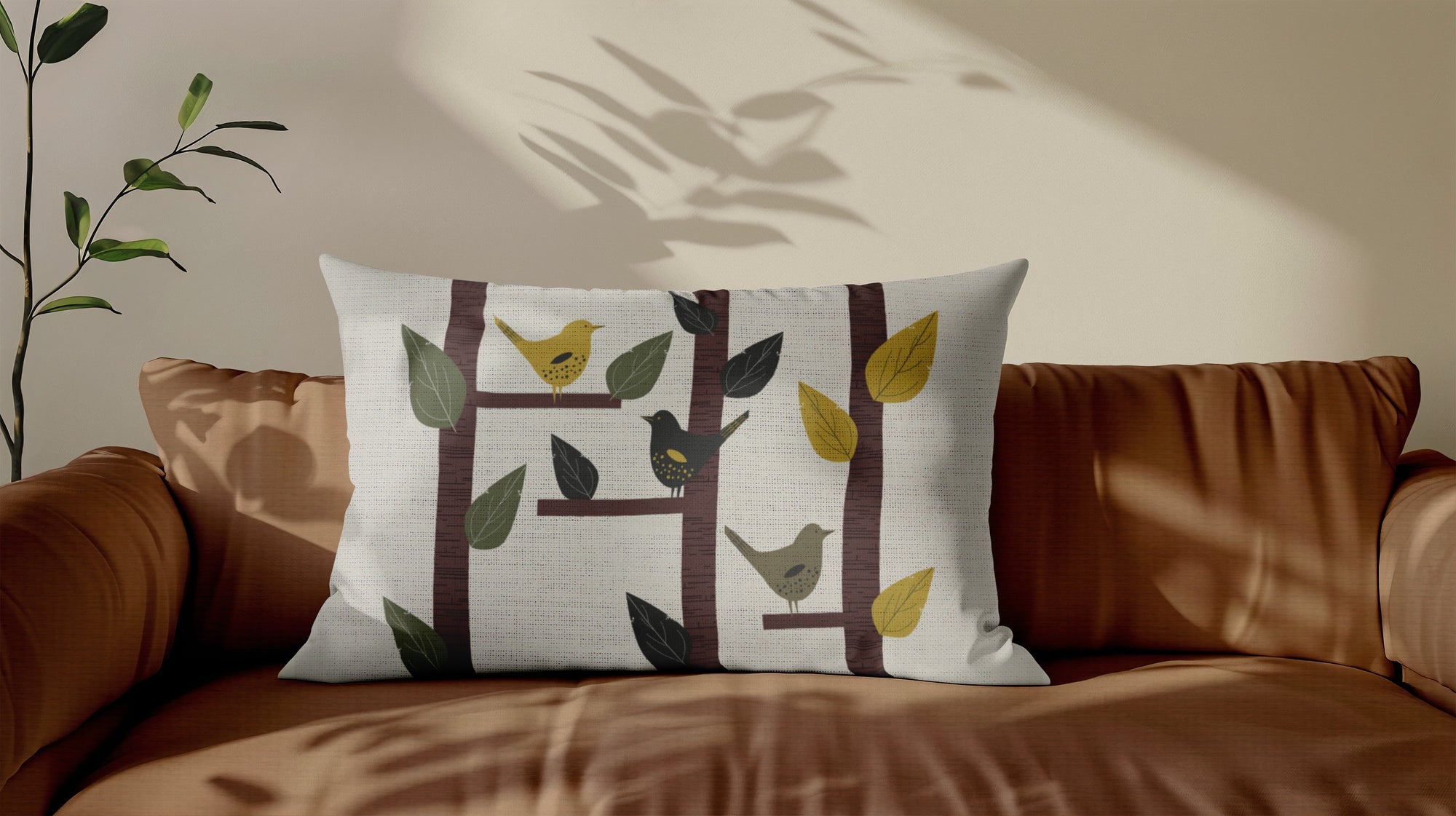 Bird Gathering Cotton Linen Lumbar Pillow Cover