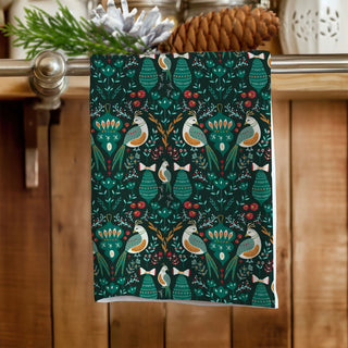 Birds and Ornaments Holiday Tea Towel