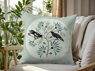 Block Print Birds and Blooms Cotton Linen Pillow Cover