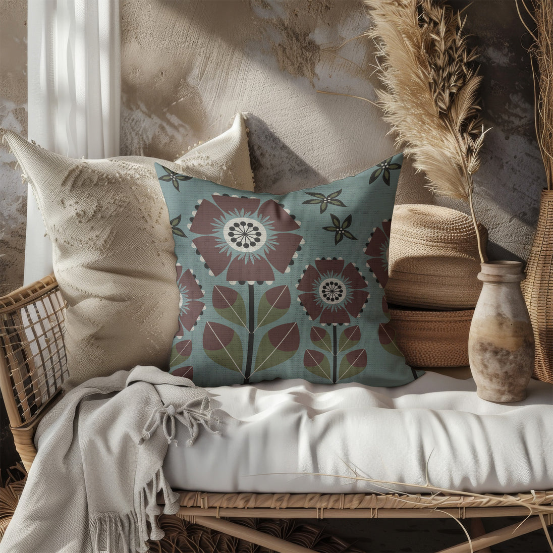 image of a throw pillow on a sofa. the pillow has a light teal background and 4 stylized brown and white flowers. Smaller dark green and light green flowers are in the background. 