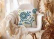 closeup image of a throw pillow on a chair. the pillow has several flowers in a palette of medium and light blue green and cream with stylized petals. There are other abstract small blue flowers surrounding it. There are also yellow green leaves in the background. The background is a very pale cream color.