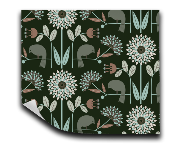 Image of wallpaper closeup featuring stylized large teal, tan and white colored flowers and birds against a dark green  background