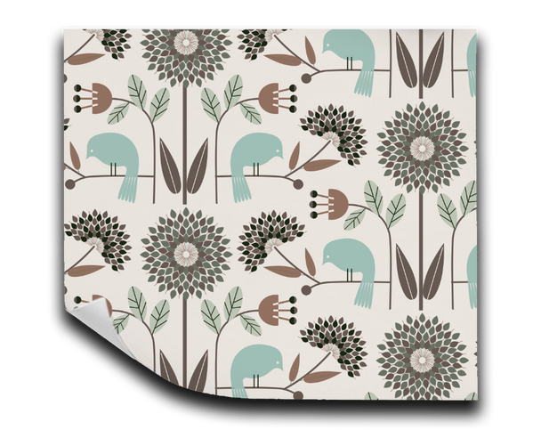 Image of wallpaper closeup featuring stylized large teal colored flowers and birds against a pale blue  background