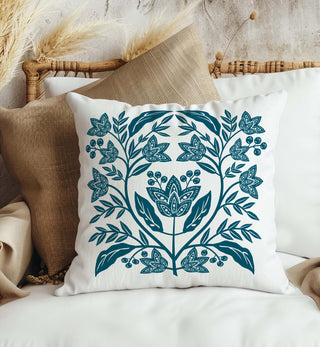 Morning Blooms Teal Cotton Linen Pillow Cover