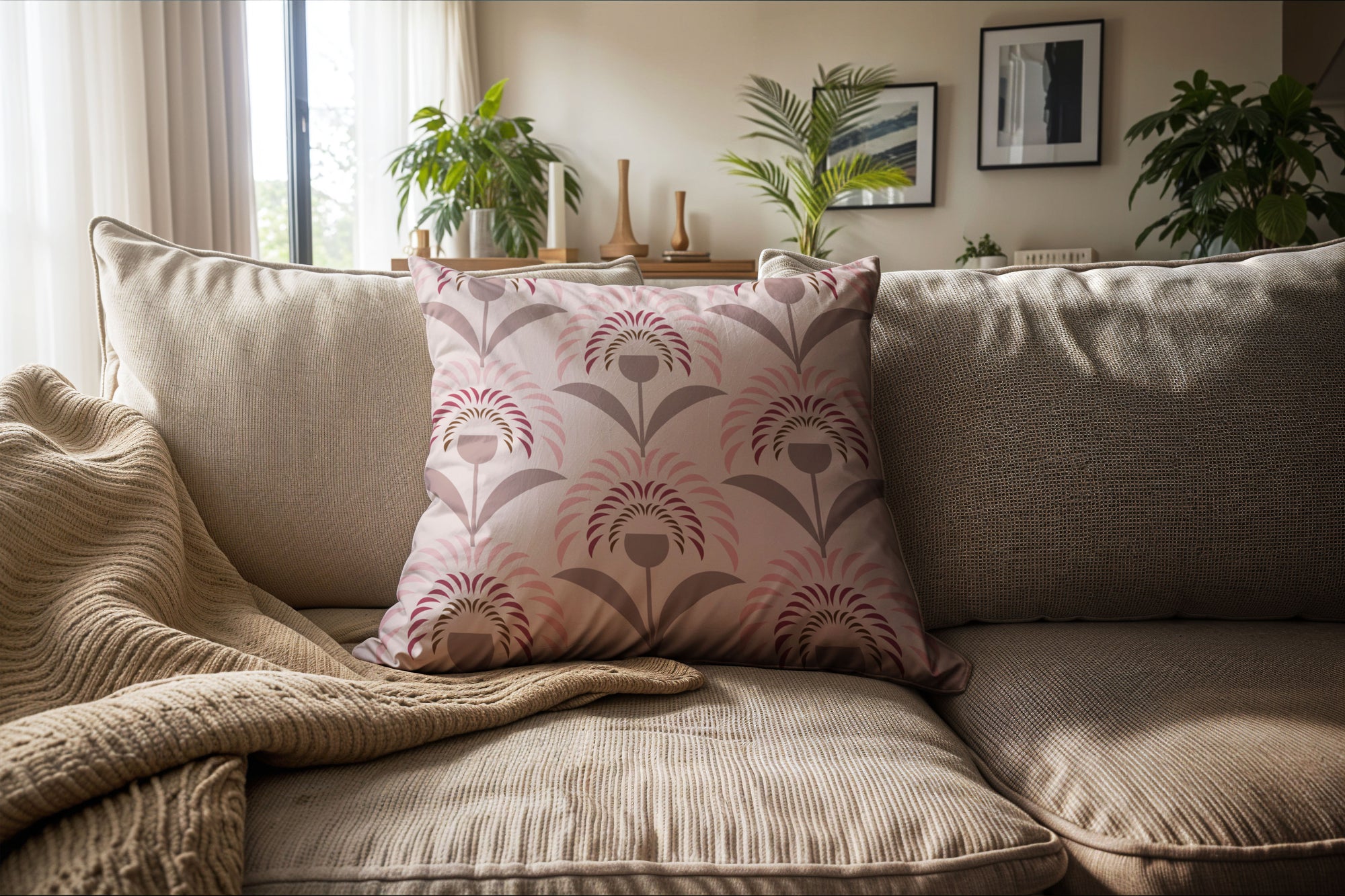 Mums Taupe and Pink Cotton Linen Pillow Cover