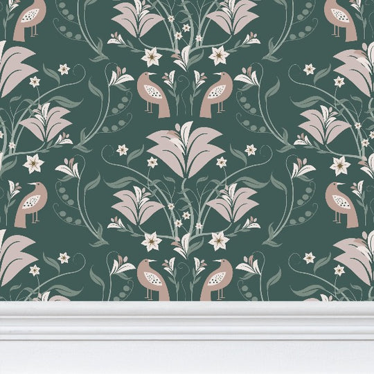 Image of wallpaper closeup featuring stylized large light peachy tan  flowers and light green leaves and tan birds against a medium dark green  background