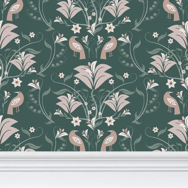 Image of wallpaper closeup featuring stylized large light peachy tan  flowers and light green leaves and tan birds against a medium dark green  background