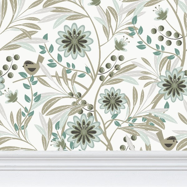 Image of wallpaper closeup featuring stylized pale green flowers, pale green and tan leaves and a cute tan bird against a white background