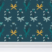Image of wallpaper closeup featuring stylized flowers in a teal, gold and white color palette against a medium dark teal background