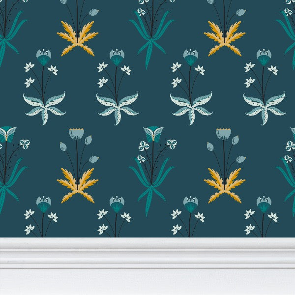 Image of wallpaper closeup featuring stylized flowers in a teal, gold and white color palette against a medium dark teal background