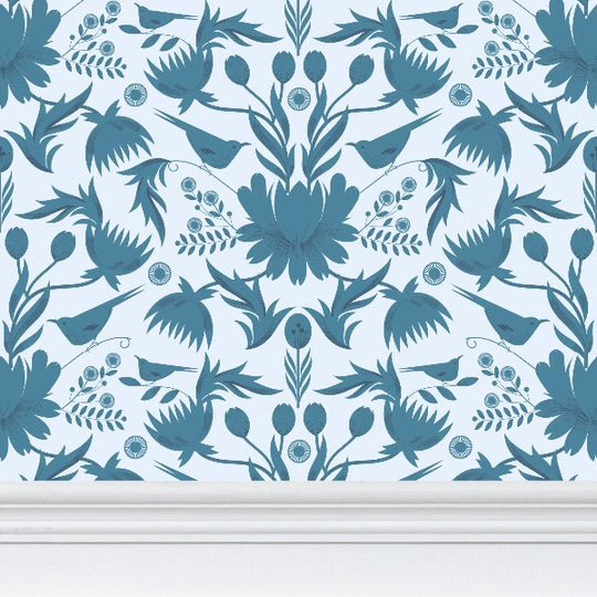 Image of wallpaper closeup featuring stylized large teal colored flowers and birds against a pale blue  background