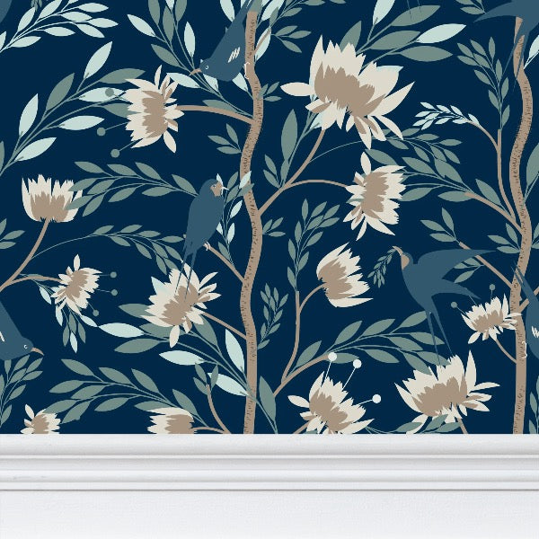 Image of wallpaper on a wall featuring stylized white and tan flowers, bluebirds and light greenish blue leaves against a medium dark teal background