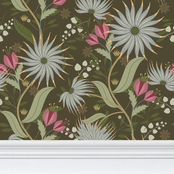 Image of wallpaper closeup featuring stylized large blue gray and pink  flowers and light green leaves against a medium dark green  background