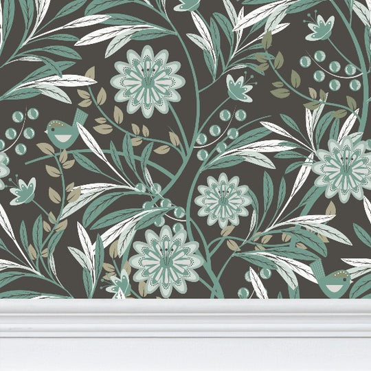 Image of wallpaper closeup featuring stylized pale green flowers, leaves and a cute bird against a brown background