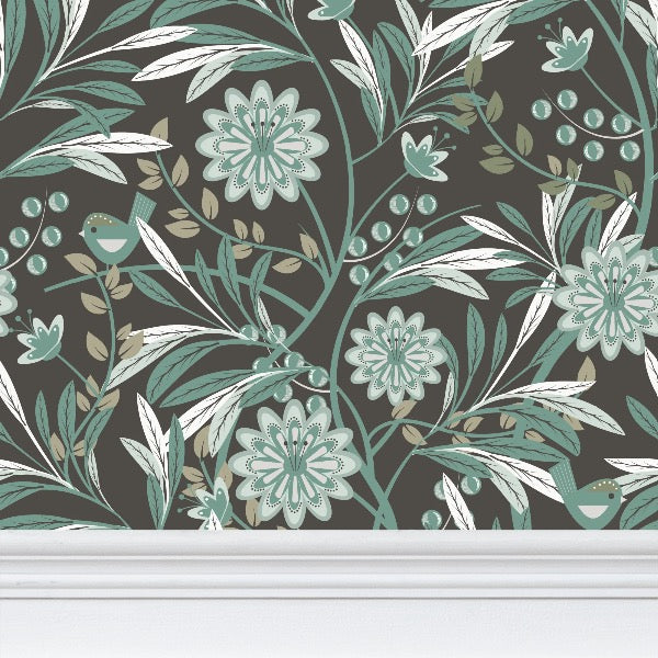 Image of wallpaper closeup featuring stylized pale green flowers, leaves and a cute bird against a brown background