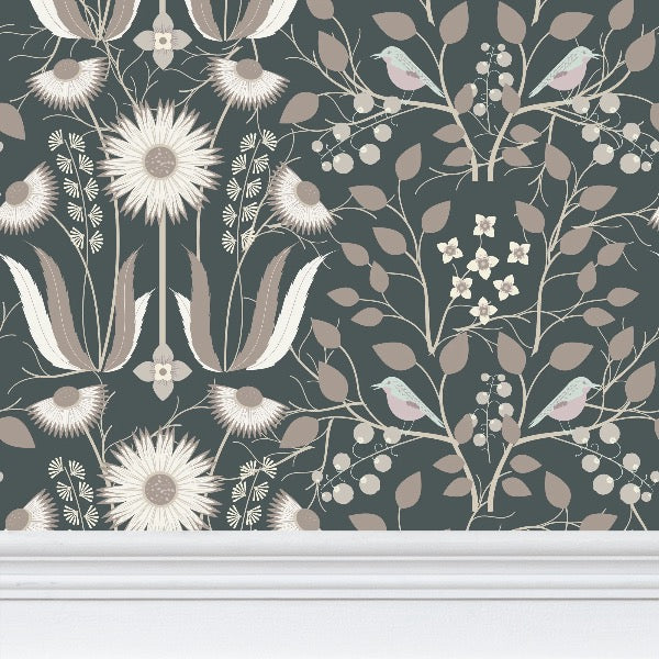 Image of wallpaper closeup featuring stylized large pale  flowers and light tan leaves and pinkish birds against a medium slate green  background